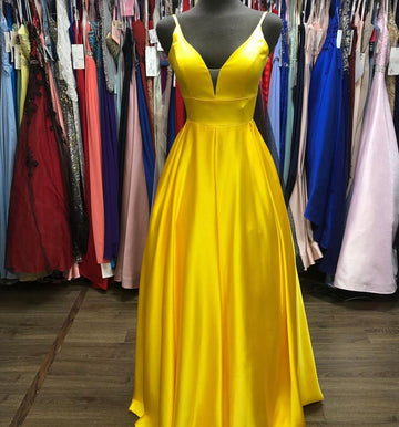 Yellow satin long A line prom dress yellow evening dress HZ1023